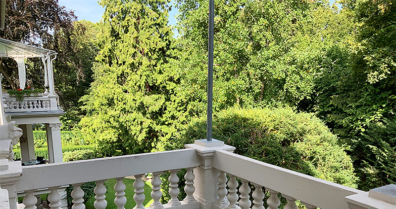 Blick vom Balkon in den grünen Park