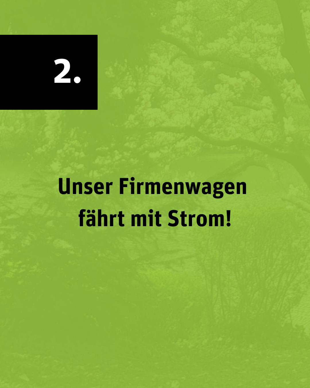 Bild auf grün getöntem Hintergrund mit dem Text „Unser Firmenwagen fährt mit Strom!“ und der Nummer „2.“