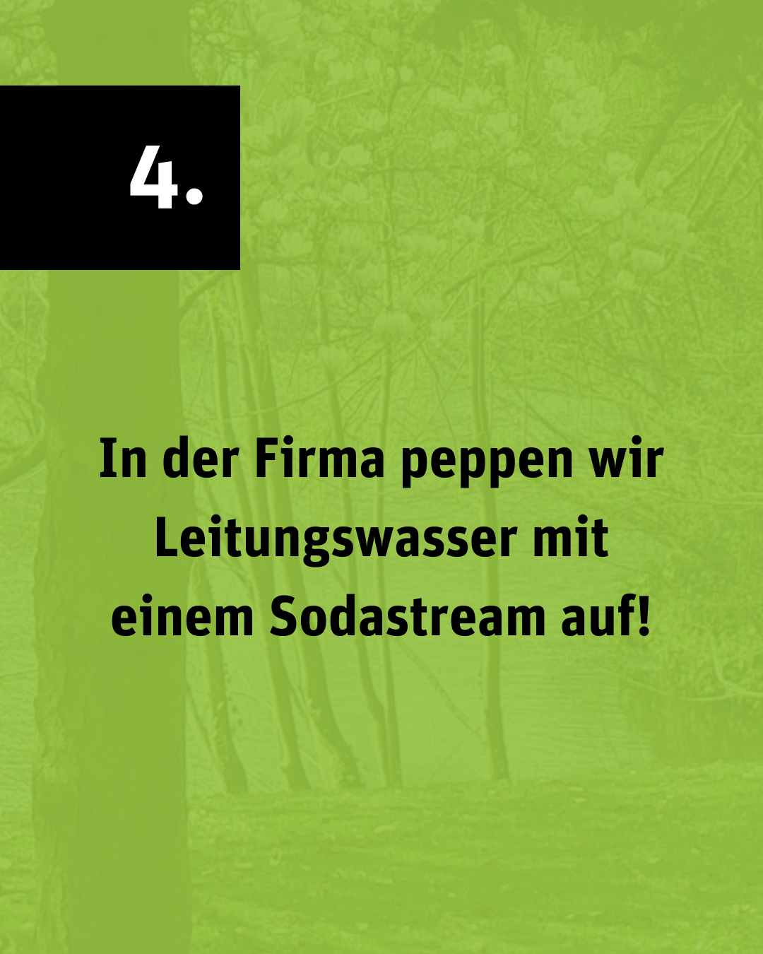 Bild auf grün getöntem Hintergrund mit dem Text „In der Firma peppen wir Leitungswasser mit einem Sodastream auf!“ und der Nummer „4.“.