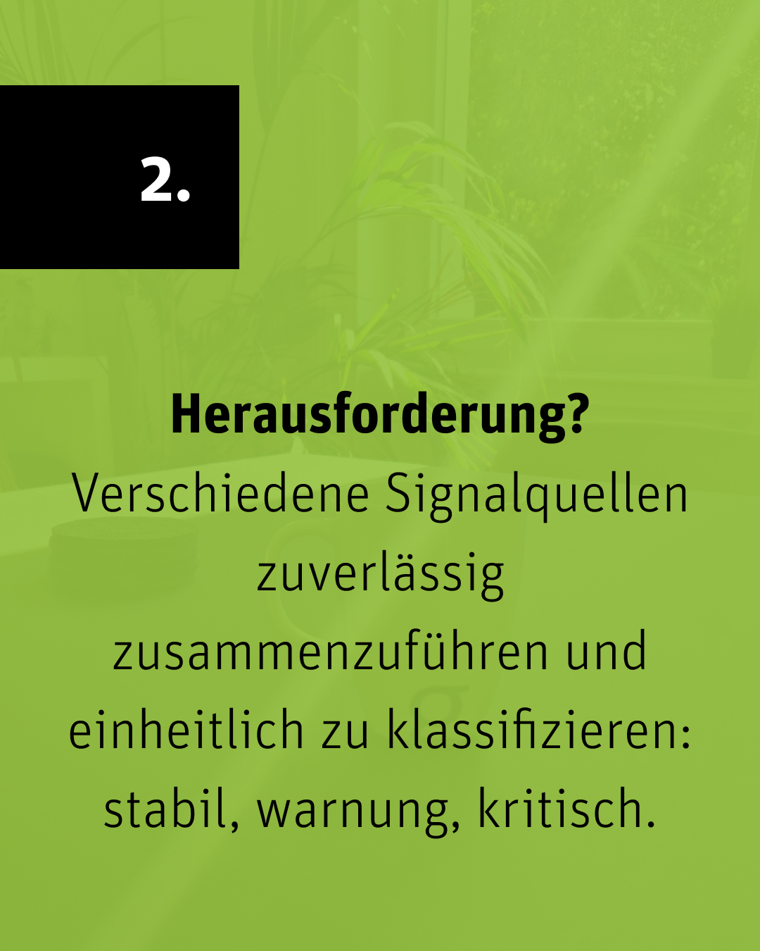 Grüne Textfolie mit der Überschrift „Herausforderung?“ und Text zu SignaIquellen und Klassifizierung (stabil, warnung, kritisch)