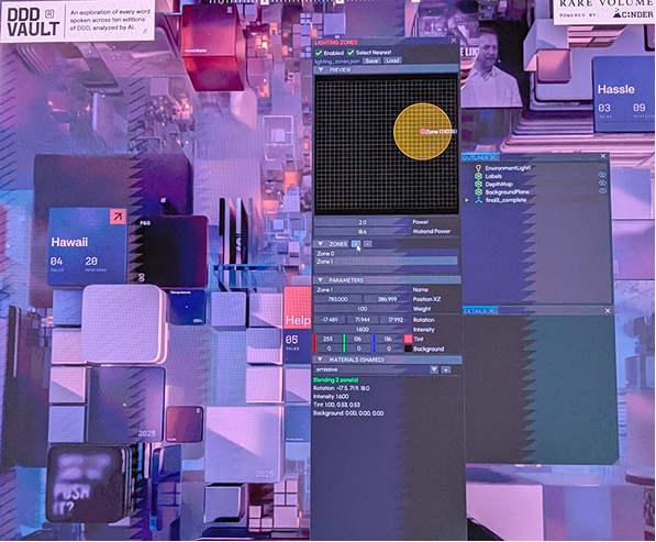 Abstrakte Visualisierung mit überlagerten UI‑Fenstern und Textlabels (‚DDD Vault‘)