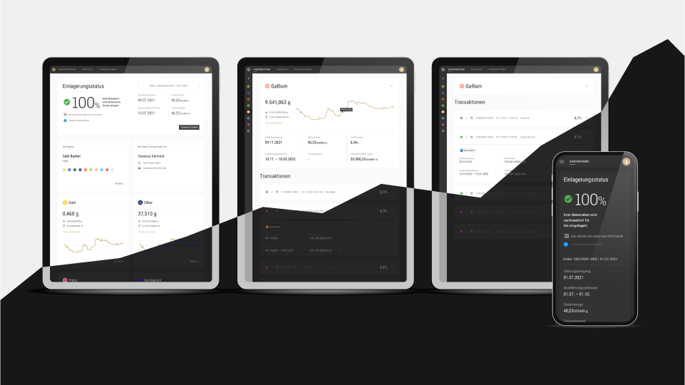 Finomets responsive Webseite und Endkunden App dargestellt auf dem Tablet und Handy im Dark und Light Theme.