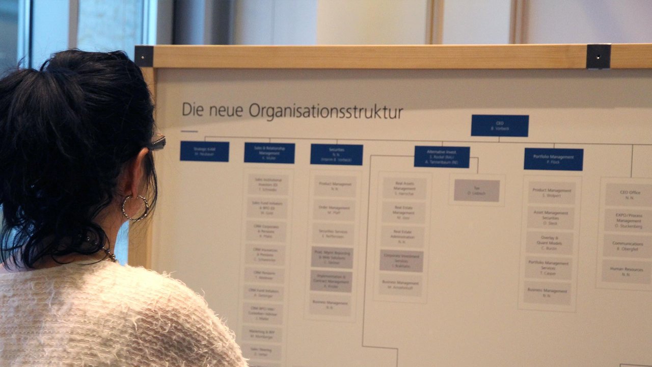 Modulares Ausstellungssystem mit einer Person daneben und einer Organisationsgrafik auf einer Tafel
