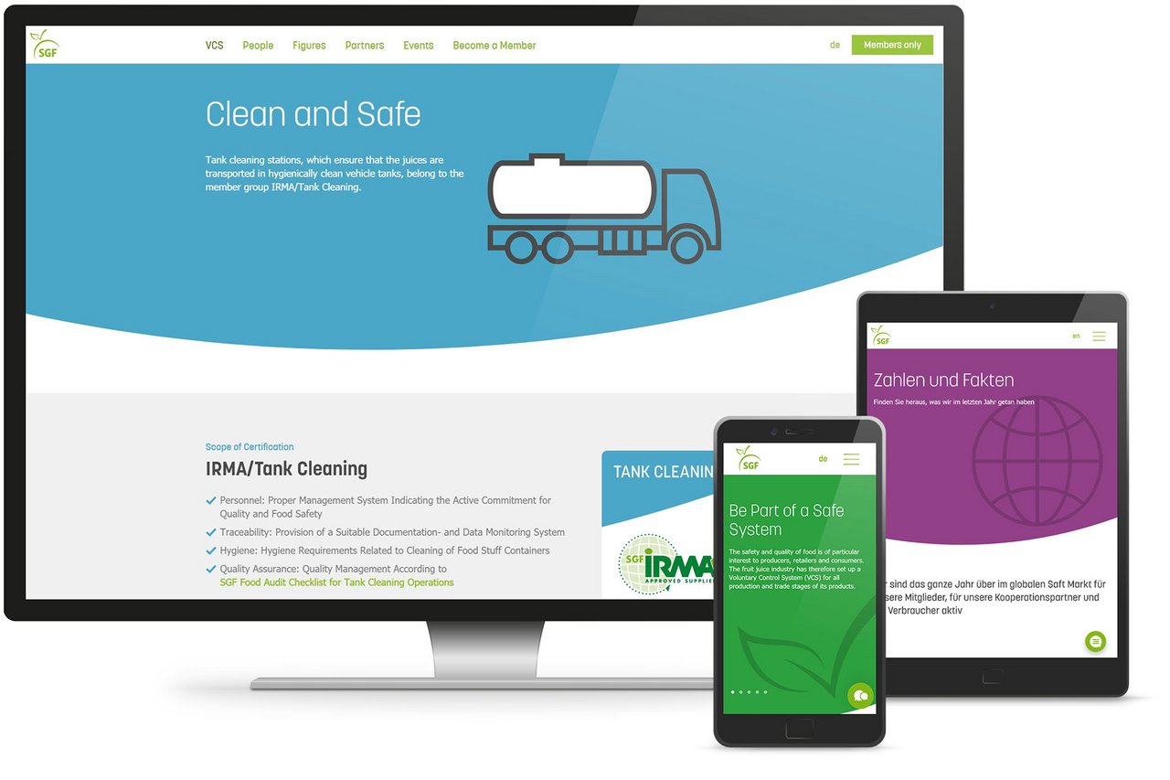 Responsive Webdesign fuer die Webseite von SGF mit Startseite auf Desktop, Tablet und Smartphone