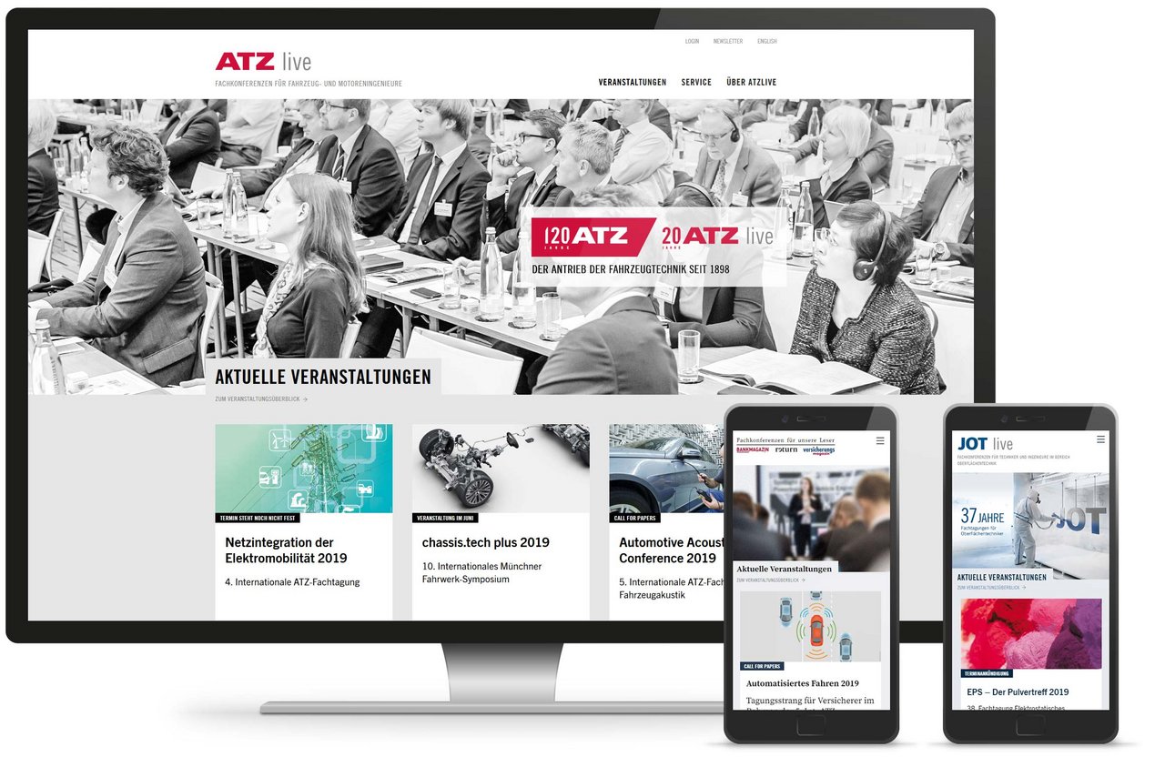 Responsive Webdesign für die Webseiten von ATZ Live, JOT live und Springer Fachmedien Live, ATZ live dargestellt auf Desktop und JOT Live und springer fachmedien live auf dem Smartphone.
