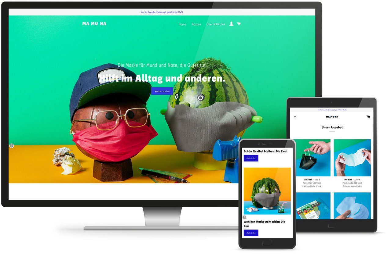 Responsive Webdesign fuer die Webseite von Mamuna mit Startseite auf Desktop, Tablet und Smartphone
