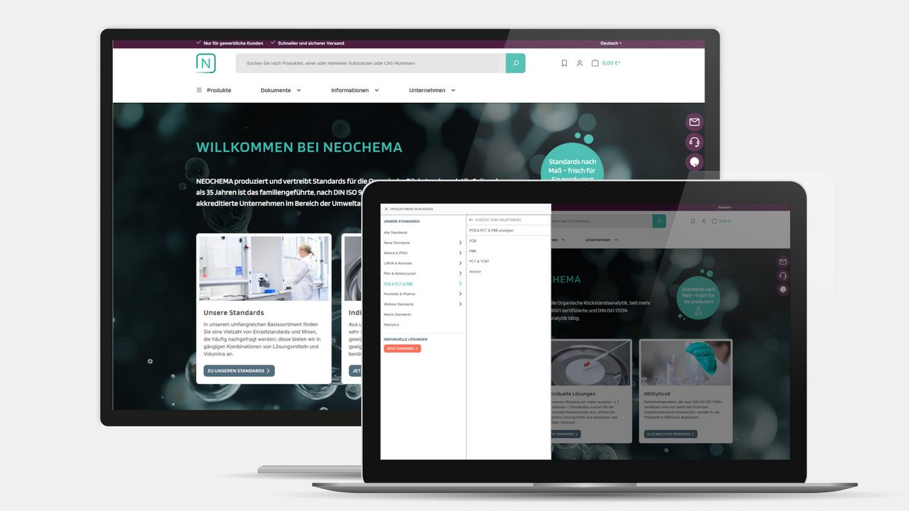 Eine Komposition aus einer Desktop- und einer Tablet-Ansicht der Neochema-Webseite. Der Desktop im Hintergrund zeigt die Startseite 'Willkommen bei Neochema'. Davor schwebt eine Tablet-Ansicht, in der das Produkt-Navigationsmenü mit Kategorien wie 'Alkane & PFAS' und 'PAH & Nitropolycyclen' aufgeklappt ist.