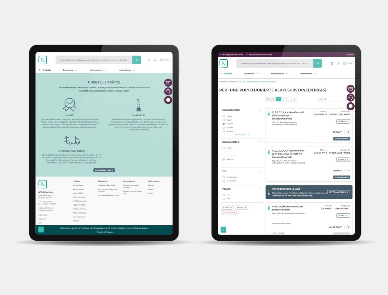 Gegenüberstellung von zwei Tablet-Ansichten der Neochema-Webseite. Links ist die Seite 'Unsere Leitsätze' mit den Icons und Texten zu Qualität, Flexibilität und Liefergeschwindigkeit. Rechts ist die Produktlistenseite für per- und polyfluorierte Alkylsubstanzen (PFAS) mit Filteroptionen und einer Liste von kaufbaren Chemikalien.