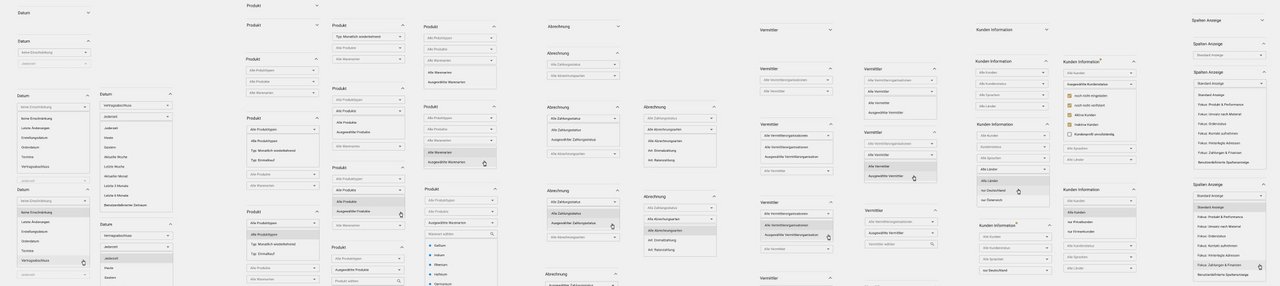 Ausschnitt aus dem Finomet Design System, der die verschiedenen Dropdowns und deren States zeigt.