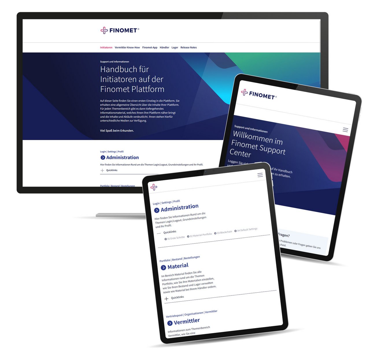 Responsive Webseite vom Supportcenter von Finomet auf Desktop und Tablet.