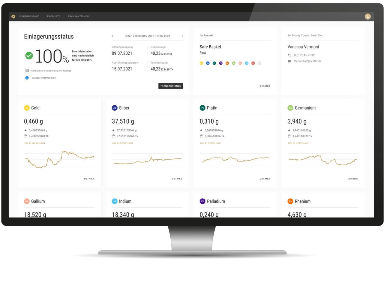 Finomet Dashboard der Endkunden-App auf dem Desktop.