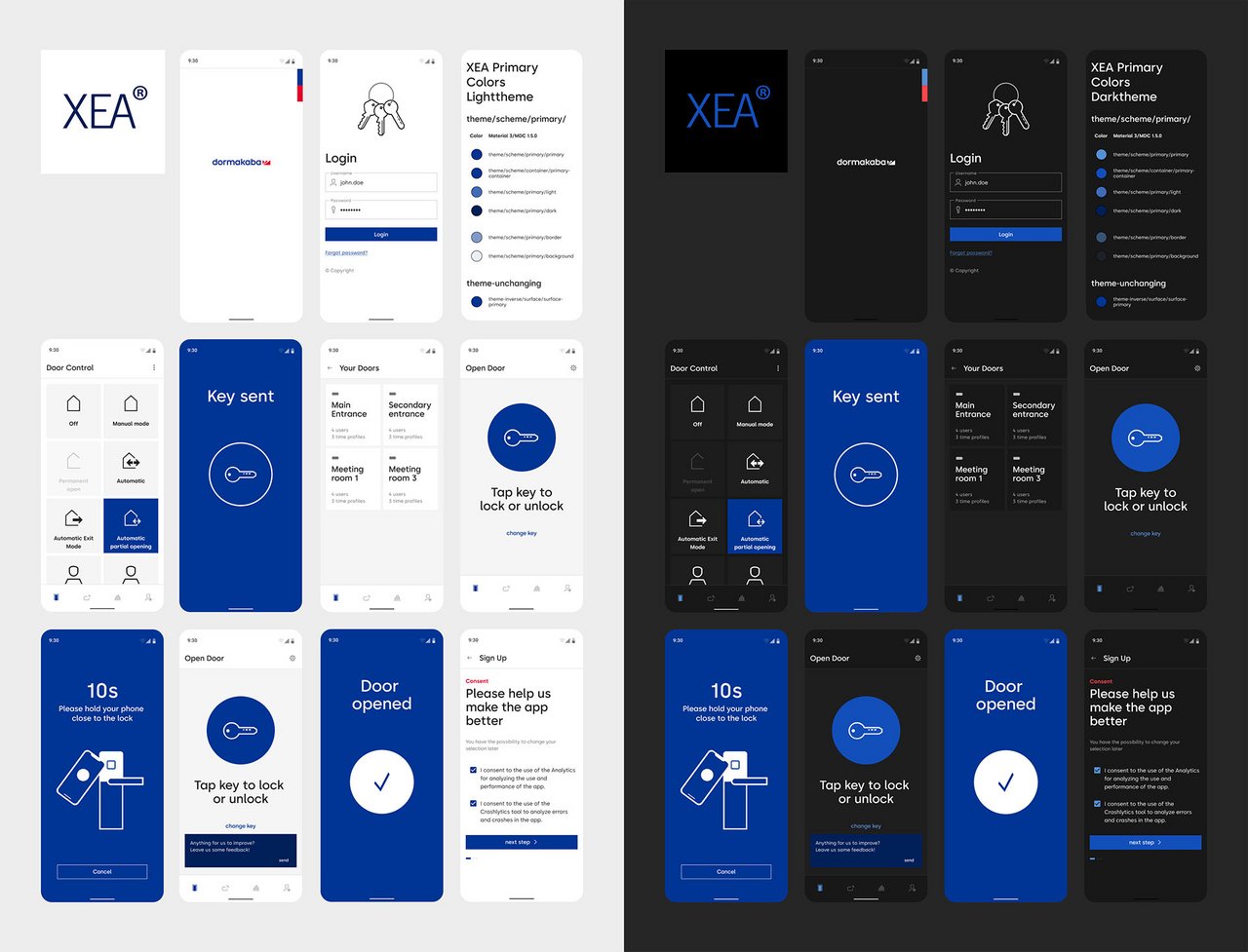 Beispiel Screens der App aus XEA im dark und light theme.