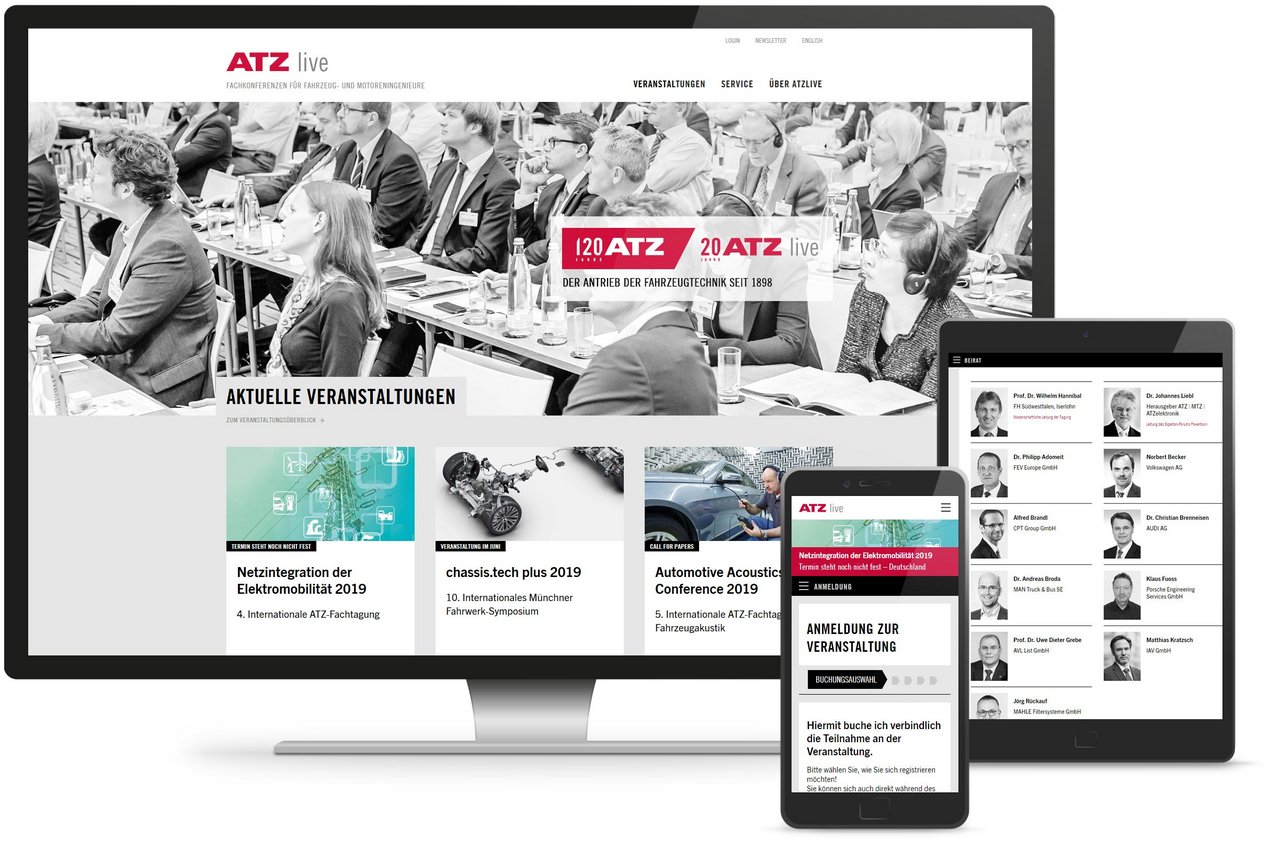 Responsive Webdesign für die Veranstaltungs-Website von ATZ live, beispielhaft dargestellt mit der Startseite auf Desktop, Beiratsseite auf dem Tablet und Anmeldung auf dem Smartphone.