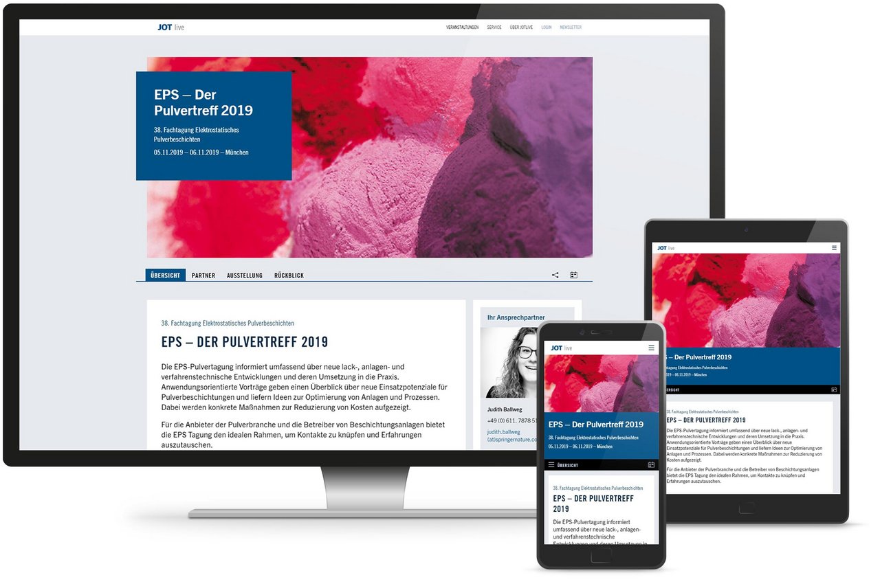 Responsive Webdesign für die Veranstaltungs-Webseite von JOT live, dargestellt auf Desktop, Tablet und Smartphone