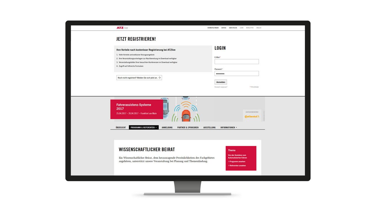 Responsive Webdesign für die Webseite von ATZ live, beispielhaft dargestellt mit der Login- und Registrierungsseite auf dem Desktop.