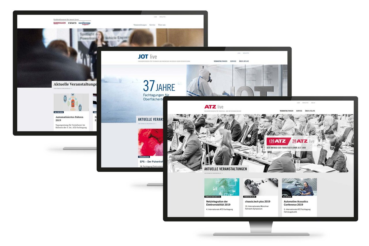 Responsive Webdesign für die Webseiten von ATZ Live, JOT live und Springer Fachmedien Live, dargestellt auf Desktop.