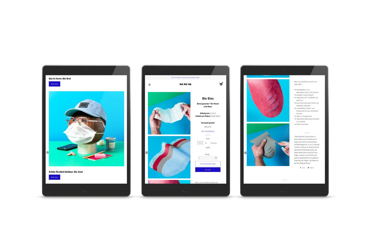 Responsive Webdesign fuer die Webseite von Mamuna mit Produktseiten auf Tablet und Smartphone