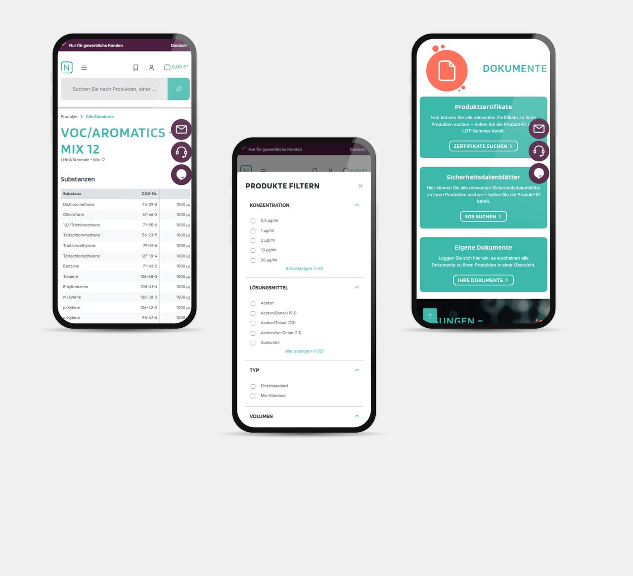 Collage aus drei mobilen Screenshots der Neochema-Webseite. Links ist die Detailseite eines Produkts ('VOC/AROMATICS MIX 12') zu sehen. In der Mitte werden die Filteroptionen für Produkte angezeigt. Rechts befindet sich die 'Dokumente'-Seite zum Herunterladen von Zertifikaten und Sicherheitsdatenblättern.