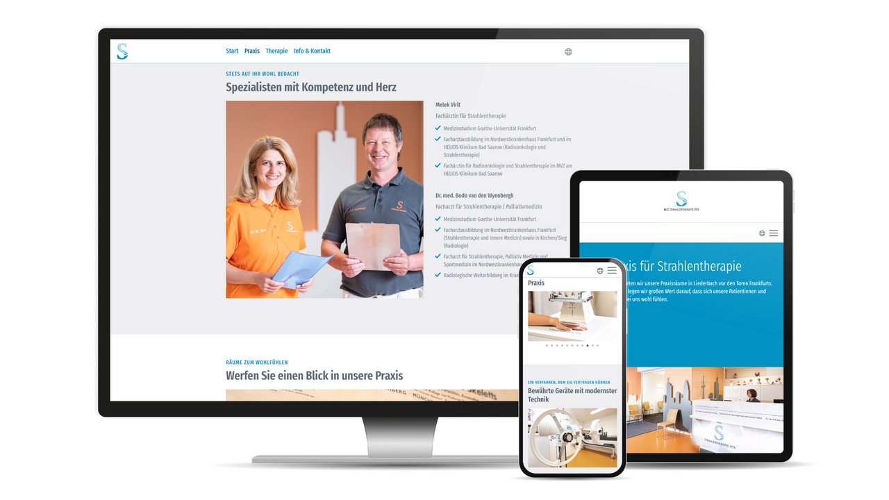 Responsive Webdesign fuer die Webseite von MTK Strahlentherapie mit Behandlungsseite auf Desktop, Tablet und Smartphone