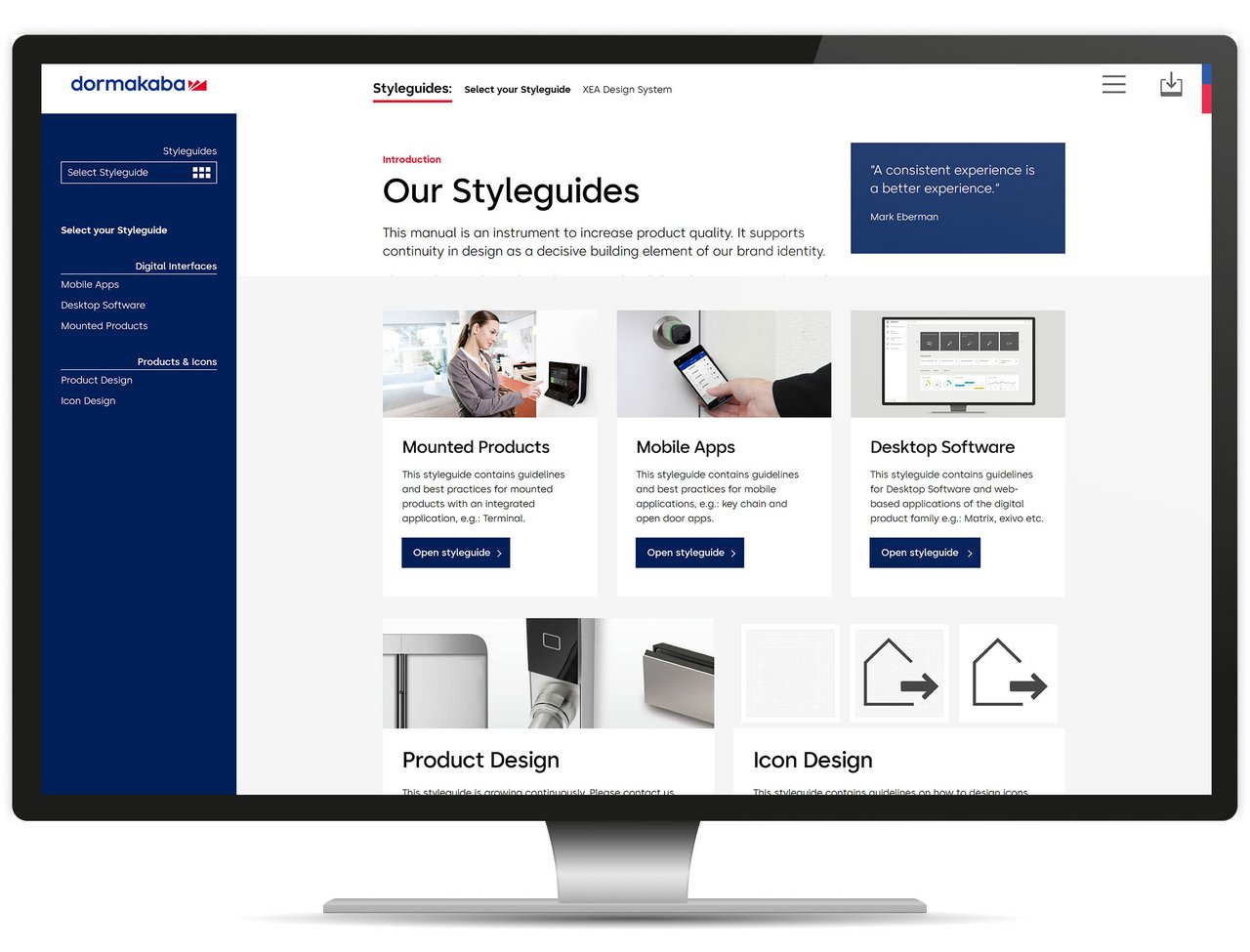 Responsives Webdesign für den dormakaba Design Hub, beispielhaft dargestellt mit der Styleguides Einleitungsseite auf dem Desktop.