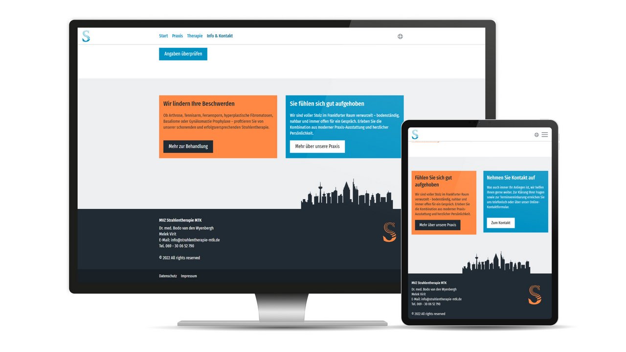 Responsive Webdesign fuer die Webseite von MTK Strahlentherapie mit Startseite auf Desktop, Tablet und Smartphone
