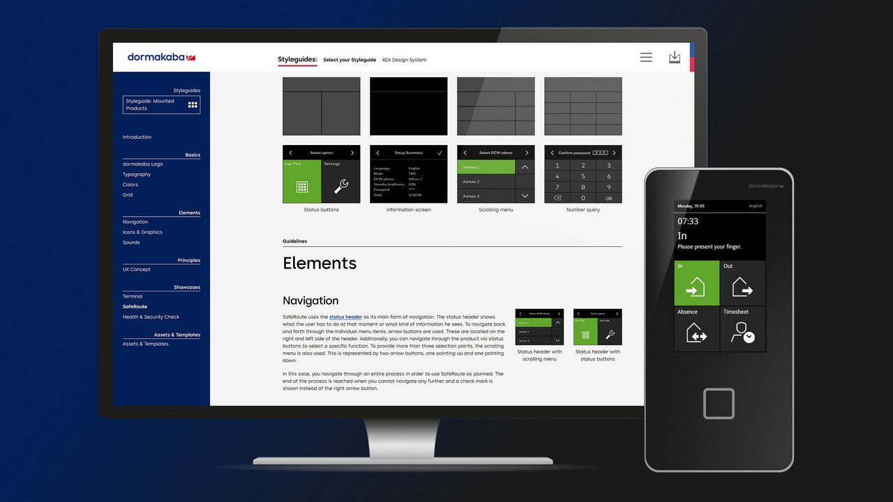 Responsives Webdesign für den dormakaba Design Hub, beispielhaft dargestellt mit der Styleguides Seite, die die dormakaba Element Guidelines zeigt, auf dem Desktop und die Terminal App.