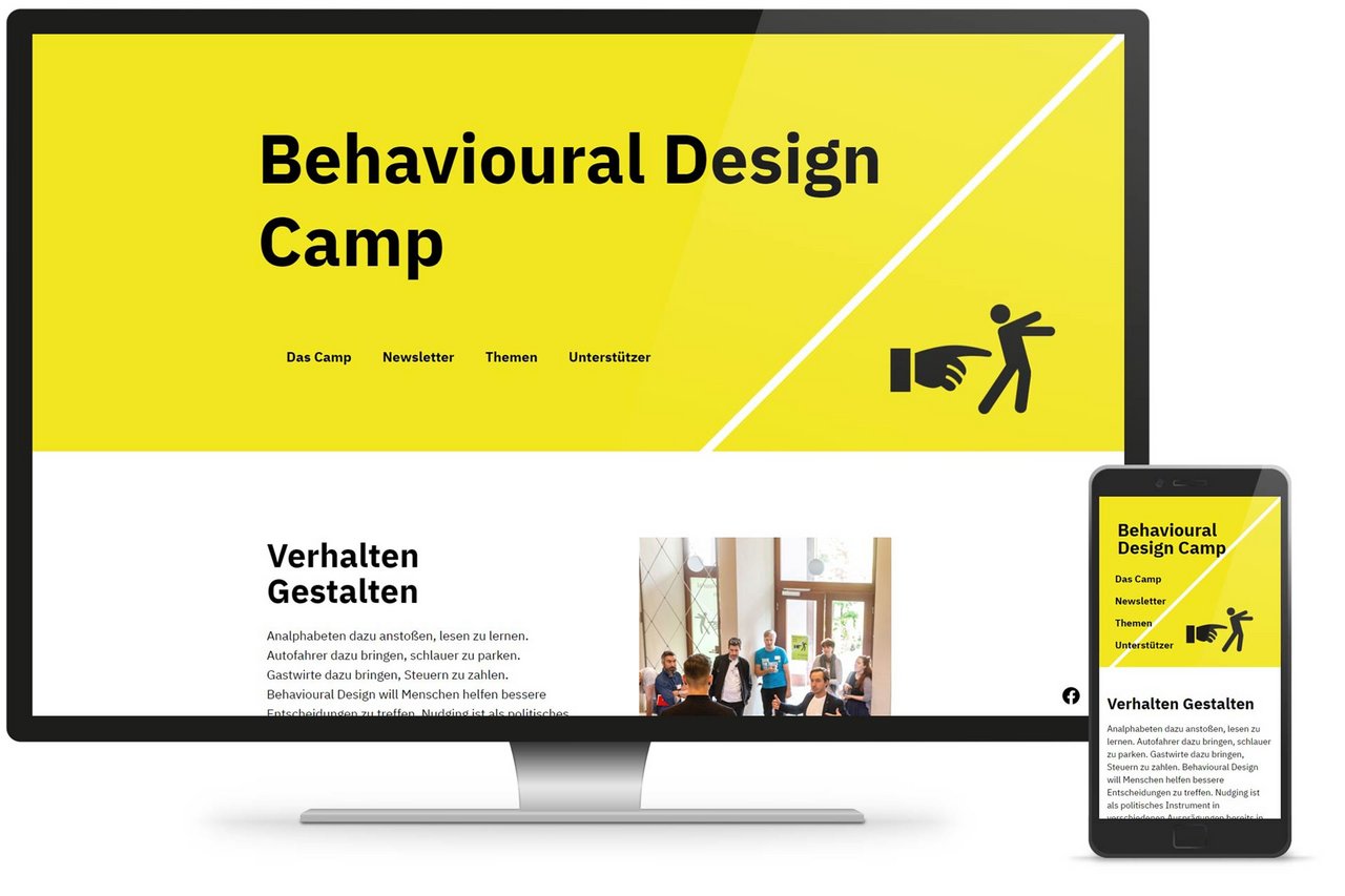 Responsive Webdesign für die Webseite von Behavioural Design Camp, beispielhaft vergrößert dargestellt mit Startseite auf dem Desktop und Smartphone.