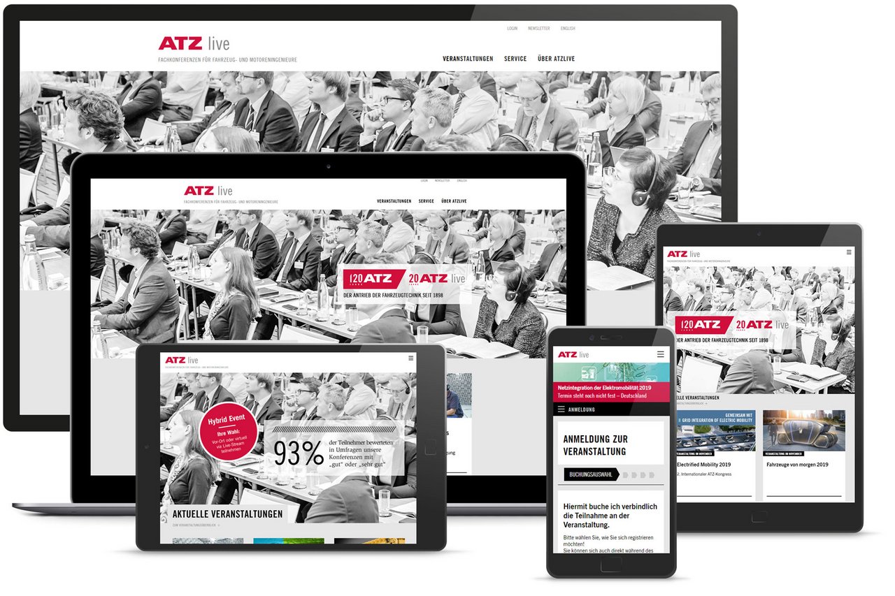 Responsive Webdesign für die Start- und Anmeldungs-Webseite von ATZ live, dargestellt auf Desktop, Tablet und Smartphone.