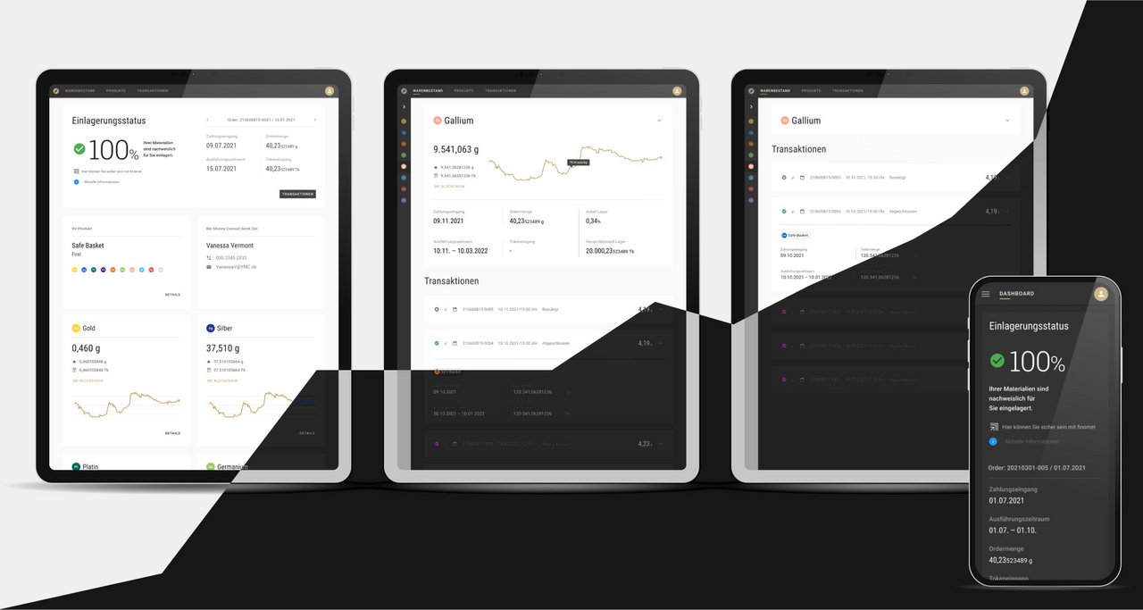 Finomets responsive Webseite und Endkunden App dargestellt auf dem Tablet und Handy im Dark und Light Theme.