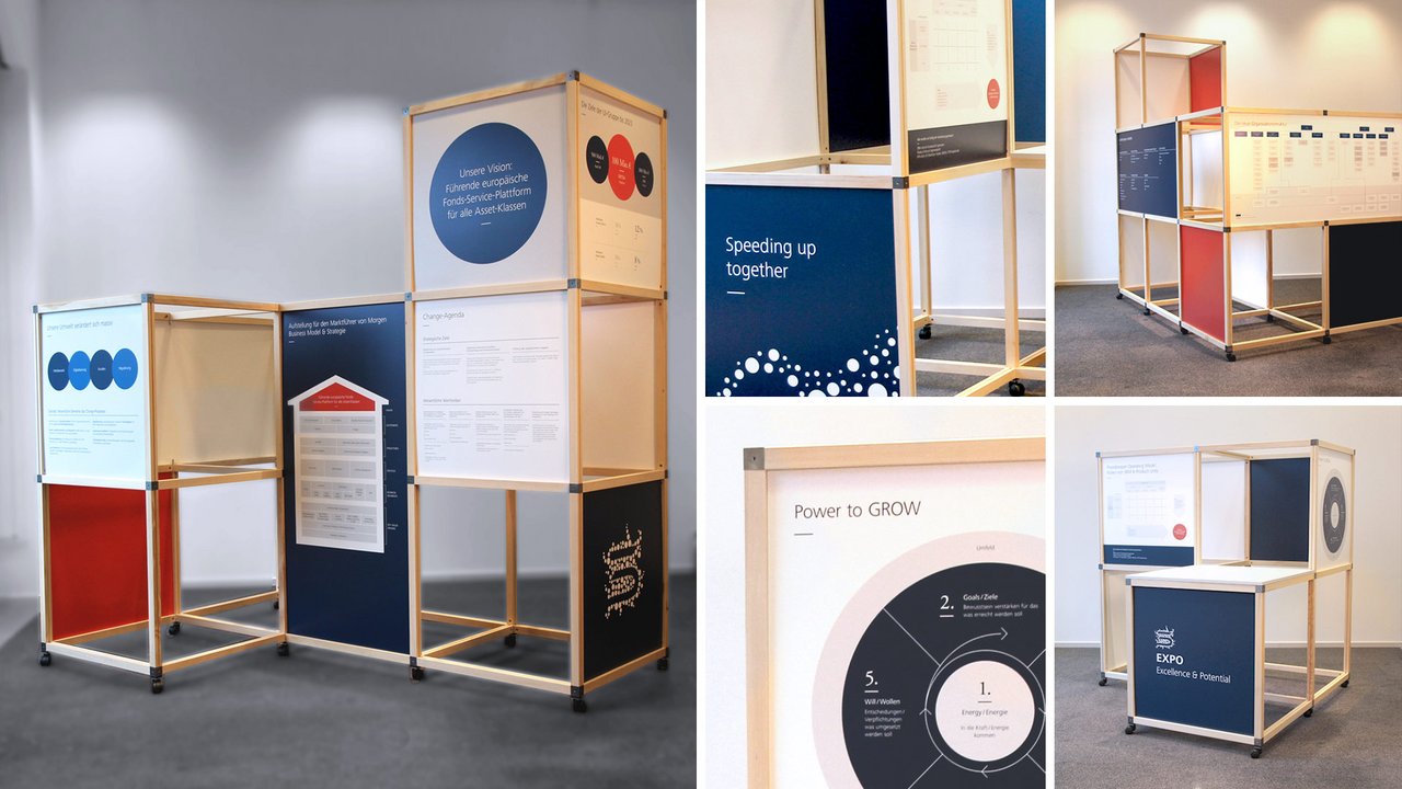 Modulares Ausstellungssystem aus Holzrahmen mit farbigen Paneelen und einem EXPO-Branding