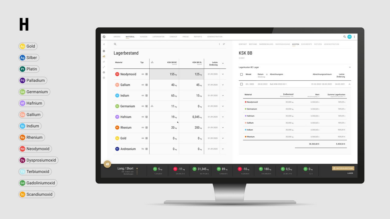 Material und Lagerbestandsübersicht in der Finomet Endkunden App auf dem Desktop.