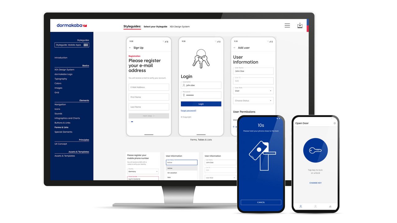 Responsives Webdesign für den dormakaba Design Hub, beispielhaft dargestellt mit der Styleguides Seite zum Thema Formularen und Listen auf dem Desktop und der beispielhafte Einsatz auf dem Smartphone.