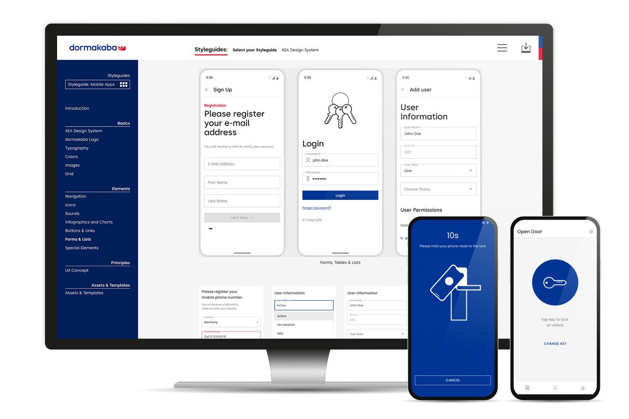 Responsives Webdesign für den dormakaba Design Hub, beispielhaft dargestellt mit der Styleguides Seite zum Thema Formularen und Listen auf dem Desktop und der beispielhafte Einsatz auf dem Smartphone.