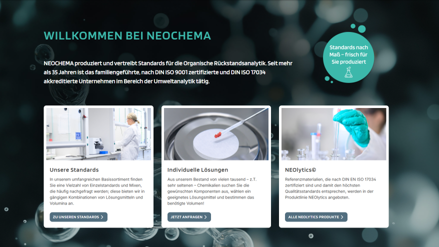 Startseite von NEOCHEMA mit drei Inhaltskacheln zu Standards, individuellen Lösungen und NEOlytics