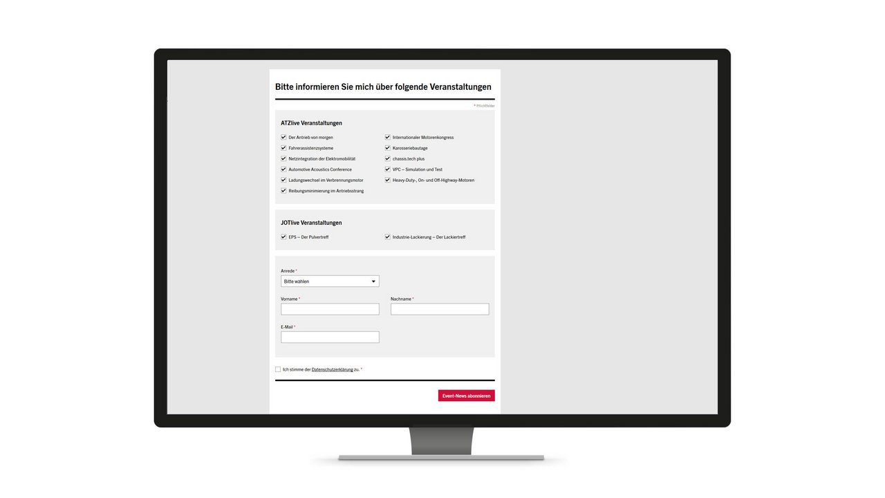 Responsive Webdesign für die Webseite von ATZ live, beispielhaft dargestellt mit der Anmeldungsseite für den Newsletter auf dem Desktop.