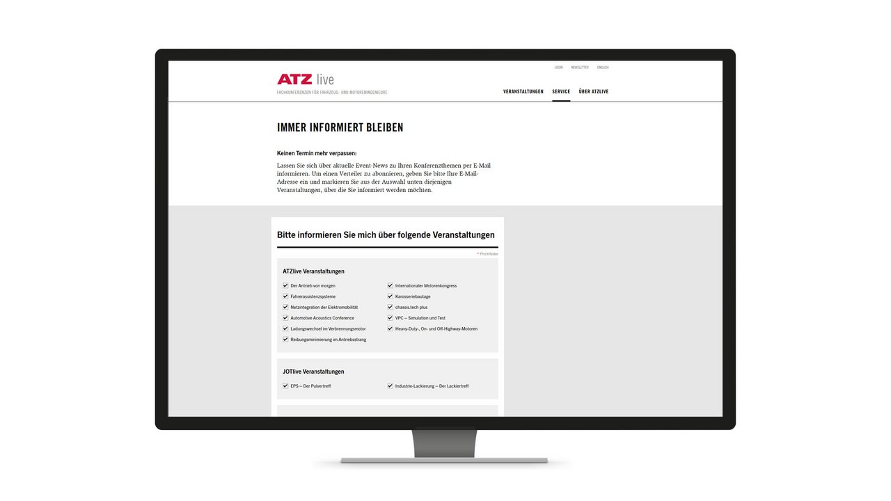 Responsive Webdesign für die Webseite von ATZ live, beispielhaft dargestellt mit der Newsletteranmeldungsseite auf dem Desktop.