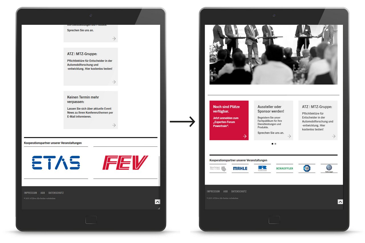 Responsive Webdesign für die Kooperationspartner Teaser von ATZ live, Vergleich vor der Optimierung für mobile Endgeräte und danach, dargestellt auf dem Tablet