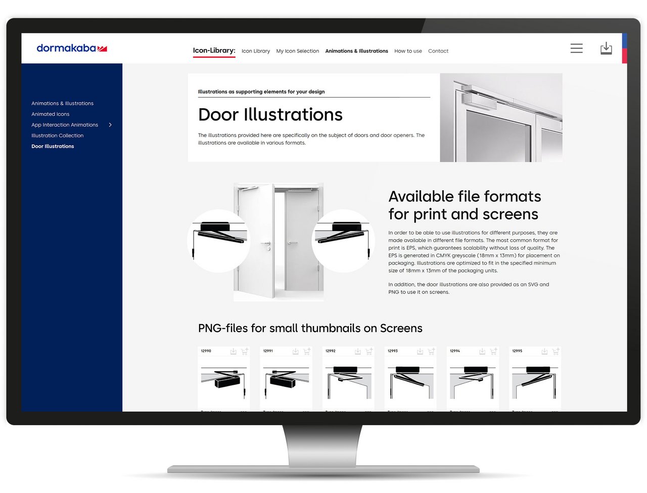 Responsives Webdesign für den dormakaba Design Hub, beispielhaft dargestellt mit der Icon Library Seite zum Thema Icons und Illustrationen auf dem Desktop, Tablet und Smartphone