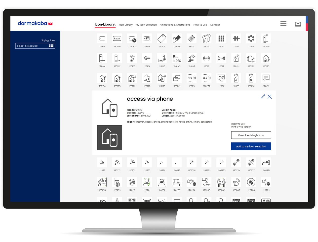 Responsives Webdesign für den dormakaba Design Hub, beispielhaft dargestellt mit der Icon Library Seite mit einem geöffneten Icon Bearbeiten Dialog auf dem Desktop.