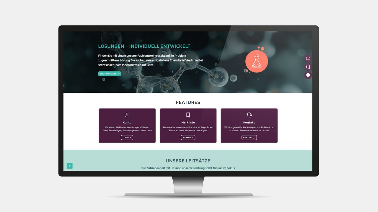 Ansicht der Neochema-Webseite auf einem Desktop-Bildschirm. Der obere Bereich zeigt den Titel 'Lösungen – Individuell entwickelt' auf einem Hintergrund mit Molekül-Strukturen. Darunter sind die drei Hauptfunktionen 'Konto', 'Merkliste' und 'Kontakt' als Kacheln dargestellt.