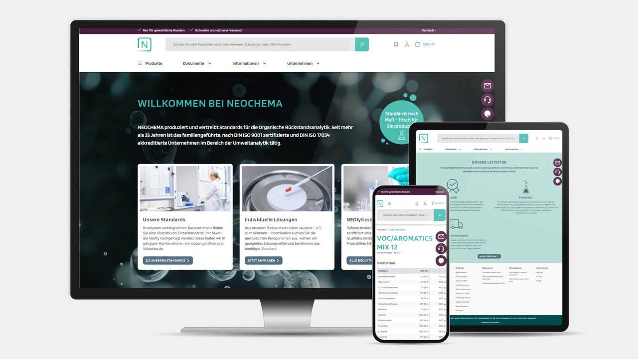 Eine Darstellung des responsiven Designs der Neochema-Webseite auf drei Geräten. Im Hintergrund ist die Startseite auf einem Desktop-Monitor zu sehen. Davor befindet sich eine Tablet-Ansicht der 'Unsere Leitsätze'-Seite und eine Smartphone-Ansicht der Produktdetailseite für 'VOC/AROMATICS MIX 12'.