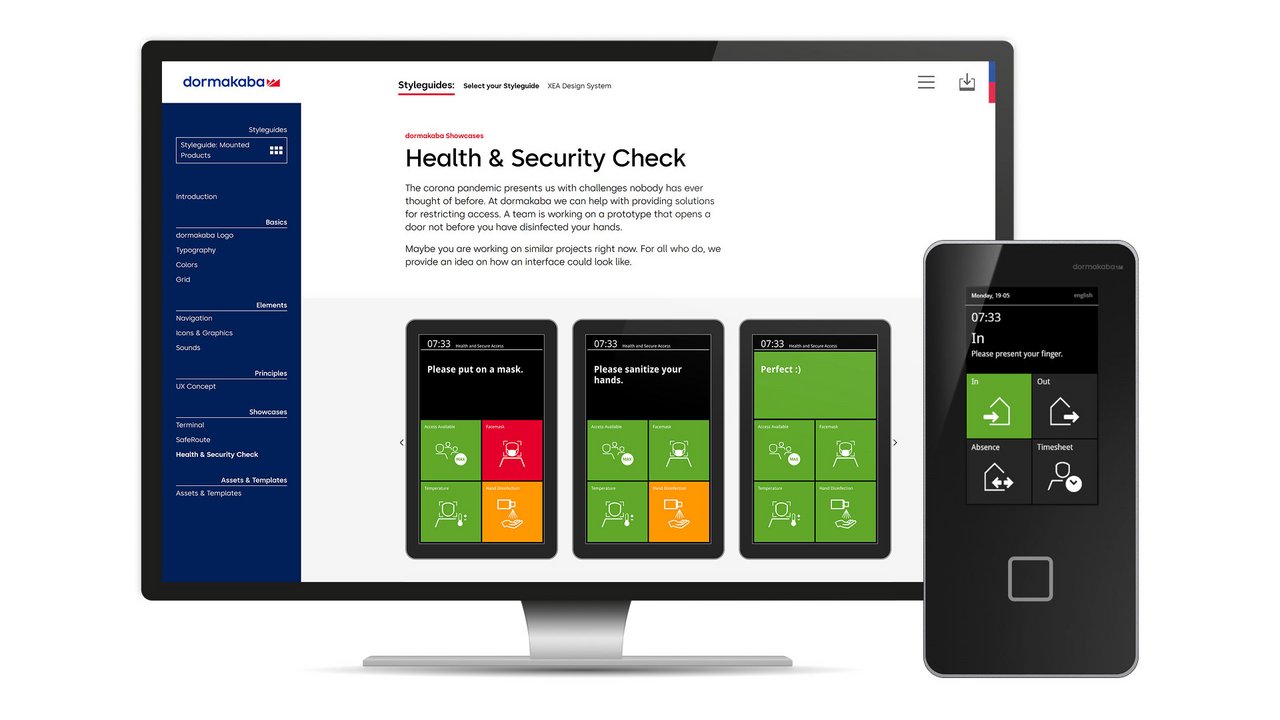 Responsives Webdesign für den dormakaba Design Hub, beispielhaft dargestellt mit der Styleguides Seite, die einen dormakaba Showcase zeigt, auf dem Desktop und die Terminal App.