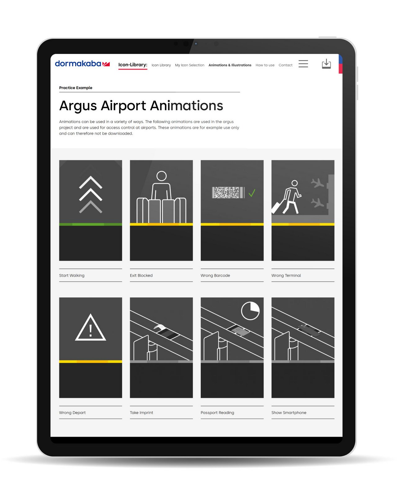 Responsives Webdesign für den dormakaba Design Hub, beispielhaft dargestellt mit der Icon Library Seite zum Thema Animationen und Illustrationen auf dem Desktop.