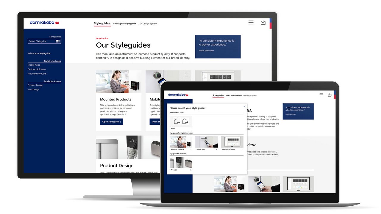 Responsives Webdesign für den dormakaba Design Hub, beispielhaft dargestellt mit der Styleguides Seite auf dem Desktop.