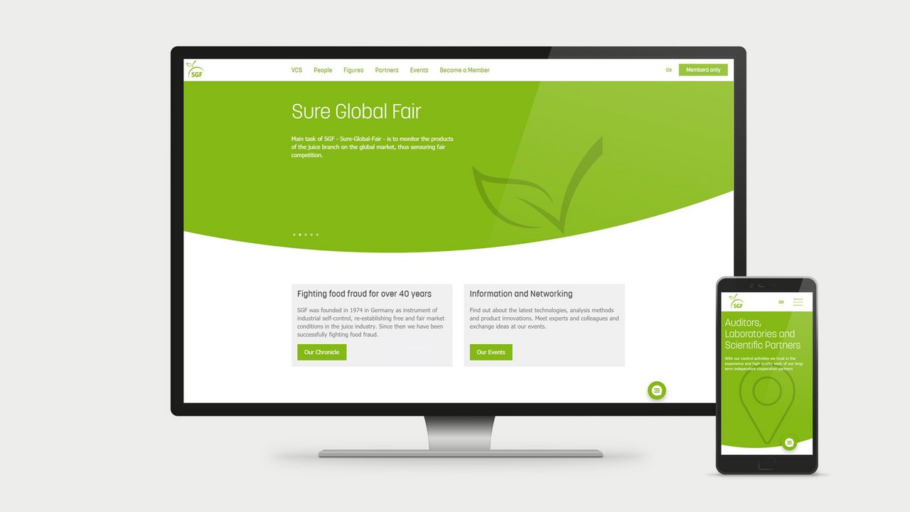 Responsive Webdesign fuer die Webseite von SGF mit Startseite auf Desktop und Smartphone
