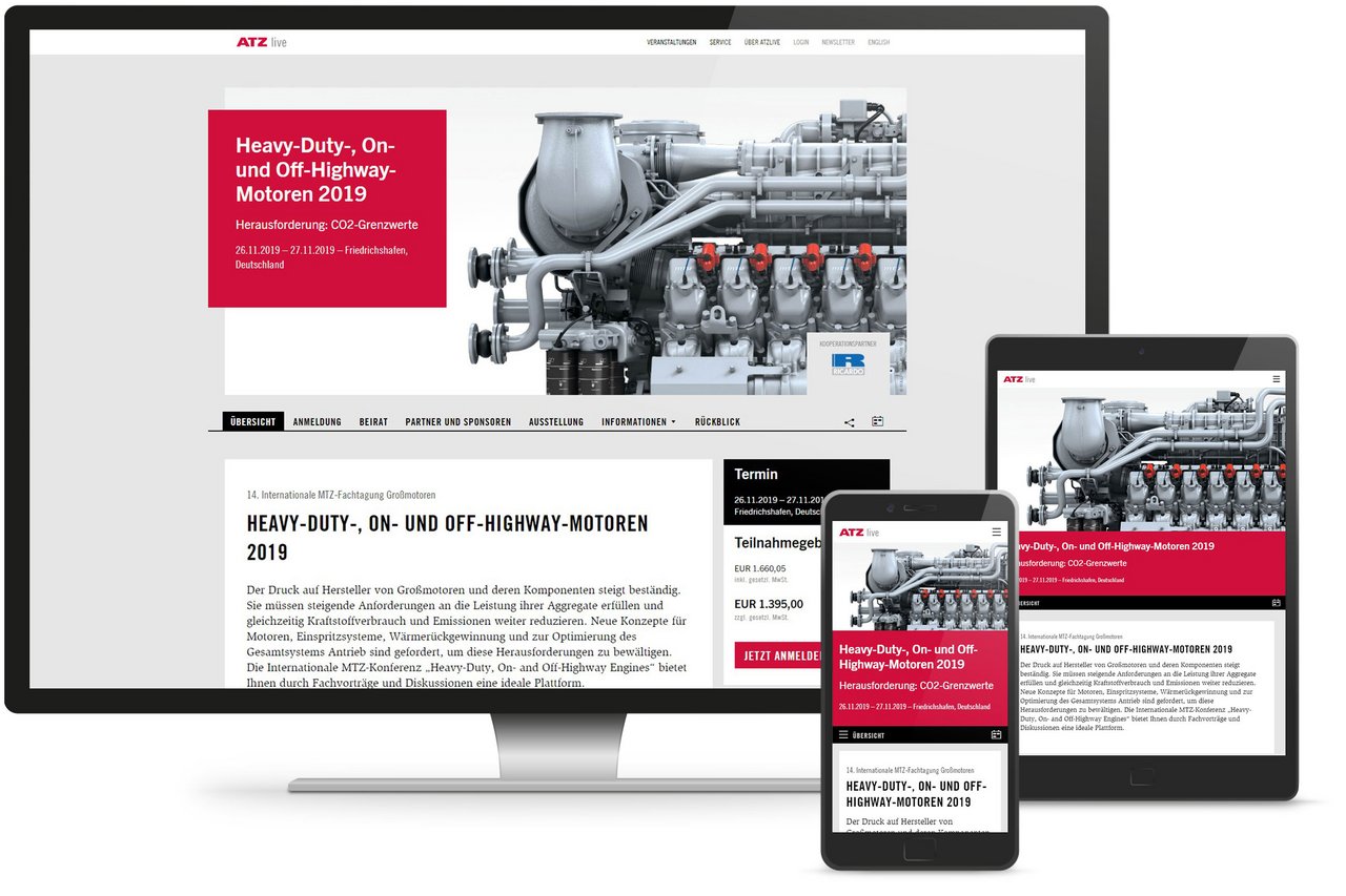 Responsive Webdesign für die Veranstaltungs-Webseite von ATZ live, dargestellt auf Desktop, Tablet und Smartphone.