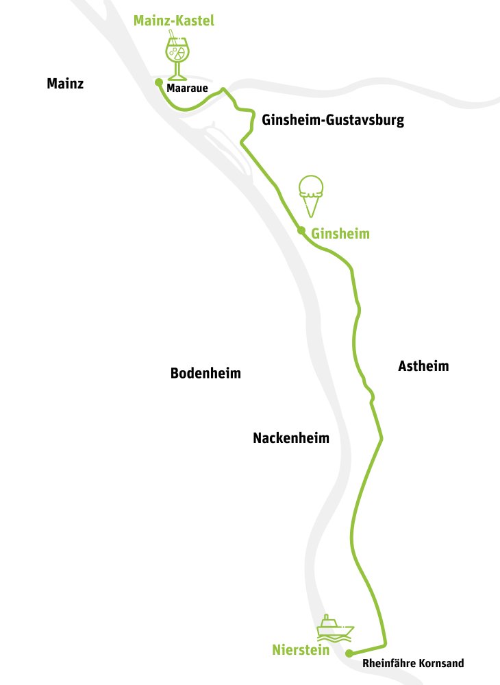 Streckenkarte der Stadtradeln-Fahrradtour 2026: Route entlang des Rheins von Nierstein über die Rheinfähre Kornsand, Ginsheim-Gustavsburg bis nach Mainz-Kastel
