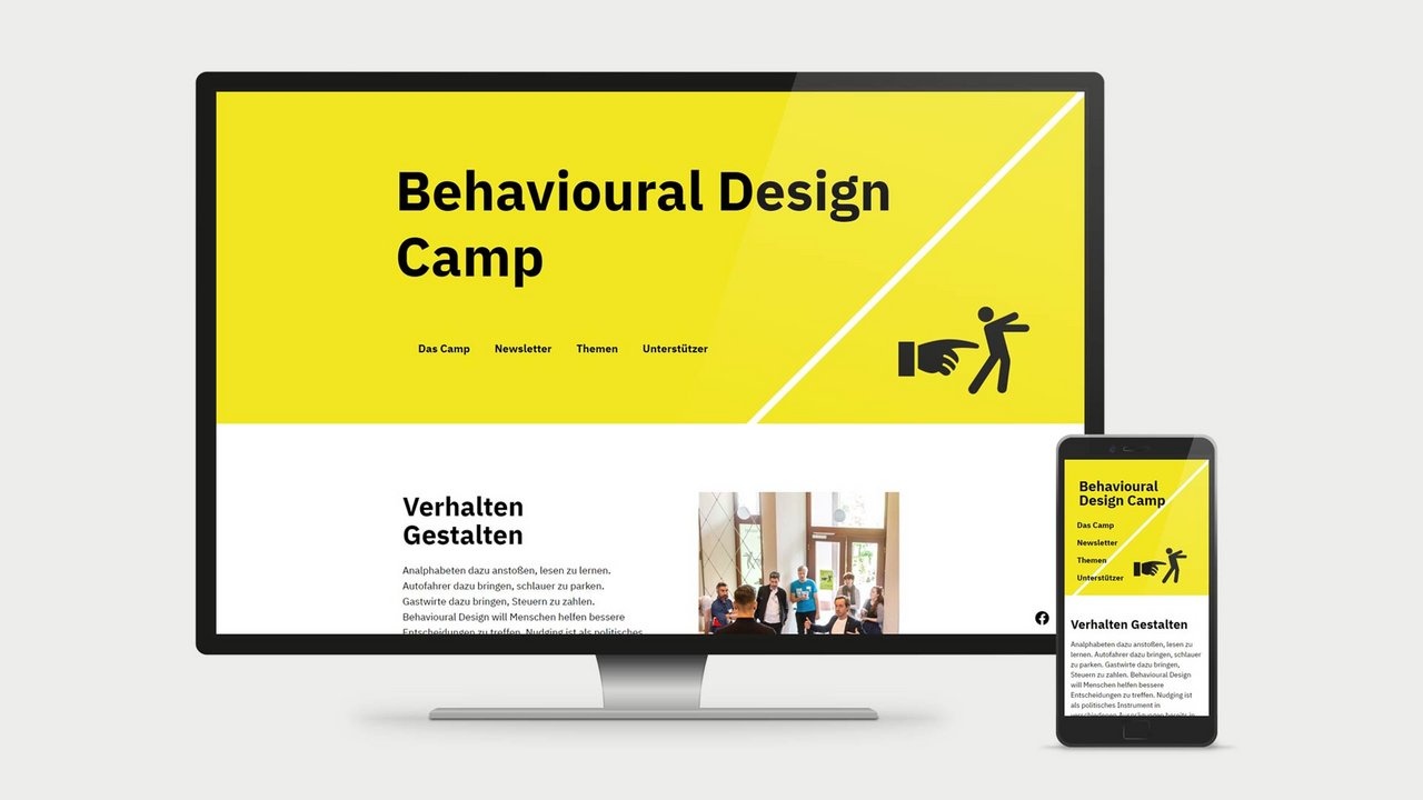 Responsive Webdesign für die Webseite von Behavioural Design Camp, beispielhaft dargestellt mit Startseite auf dem Desktop und Smartphone.