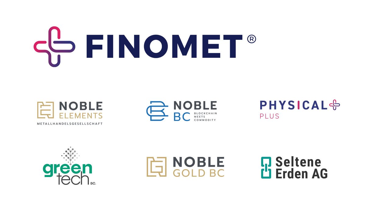 Logo der Dachmarke Finomet mit den Logos der zugehörigen Mandanten, darunter Noble Elements, Noble BC und Seltene Erden AG.Logo der Dachmarke Finomet mit den Logos der zugehörigen Mandanten, darunter Noble Elements, Noble BC und Seltene Erden AG.