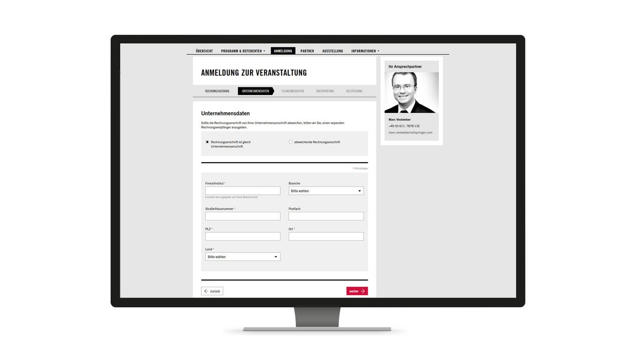 Responsive Webdesign für die Webseite von ATZ live, beispielhaft dargestellt mit der Veranstaltungsanmeldungsseite auf dem Desktop.